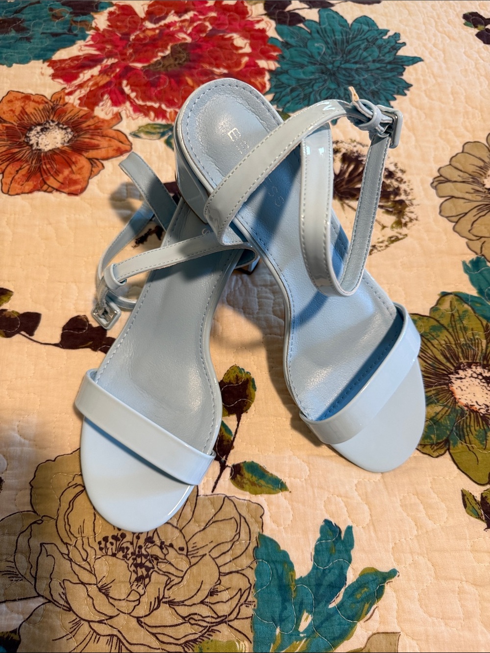 Women's Patent Light Blue Block Heel Sandals with Ankle Strap